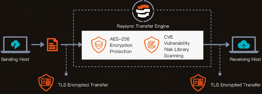 Raysync Transfer Engine: AES-256 encryption, CVE scanning, and TLS encrypted transfer from sending host to receiving host