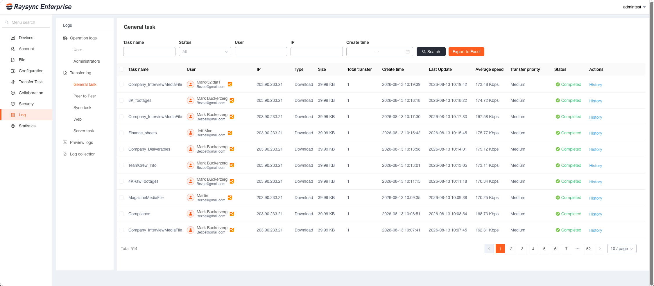 Raysync Enterprise general task log showing users, IP addresses, transfer details, time, speed, status, and history.