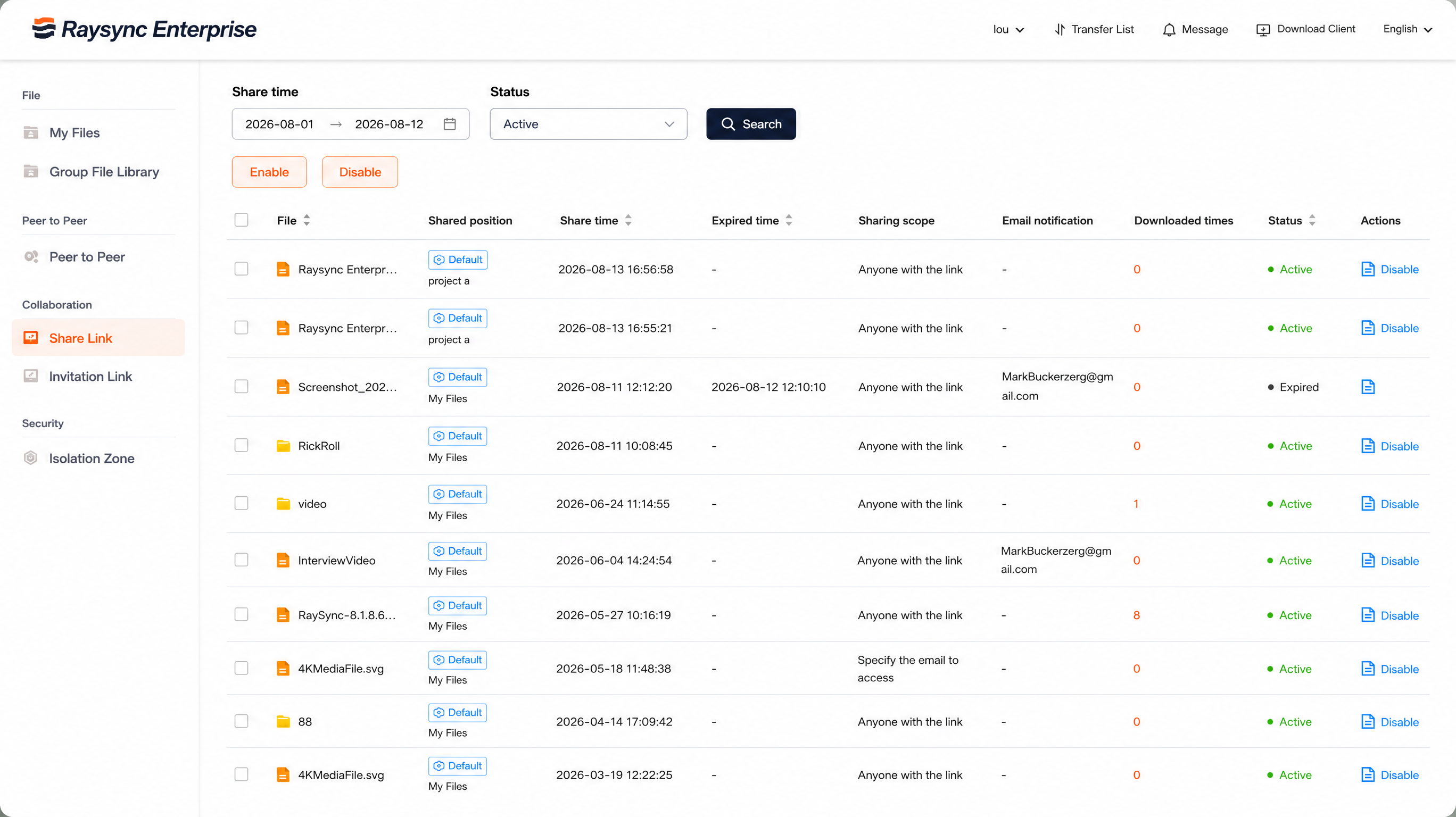 Raysync Enterprise share-link management portal showing governed files, sharing scope, expiry, status, and actions.