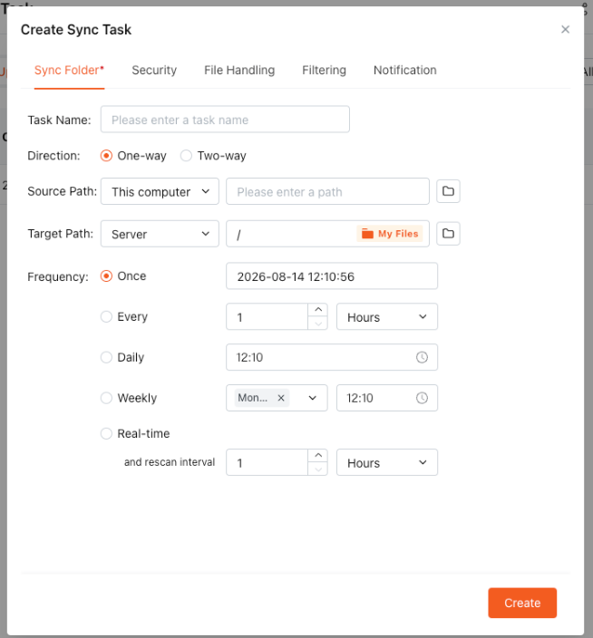 Diálogo do Raysync Enterprise para criar tarefa de sincronização com origem, destino, direção e configurações de agendamento.